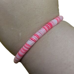 Handmade Bracelet Clay Beads Pink White Hand Crafted Stretchy NEW